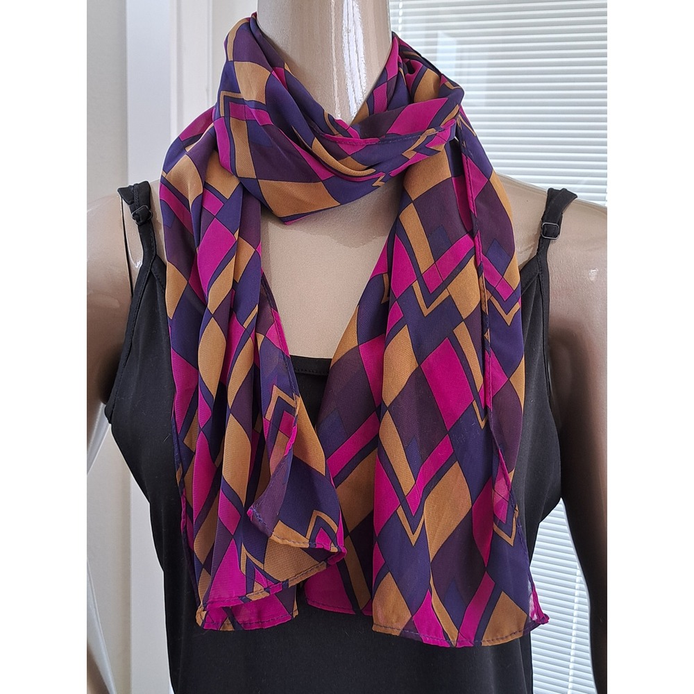 Womens Geometric Diamond Chevron Print Chiffon Scarf Purple Magenta Tan